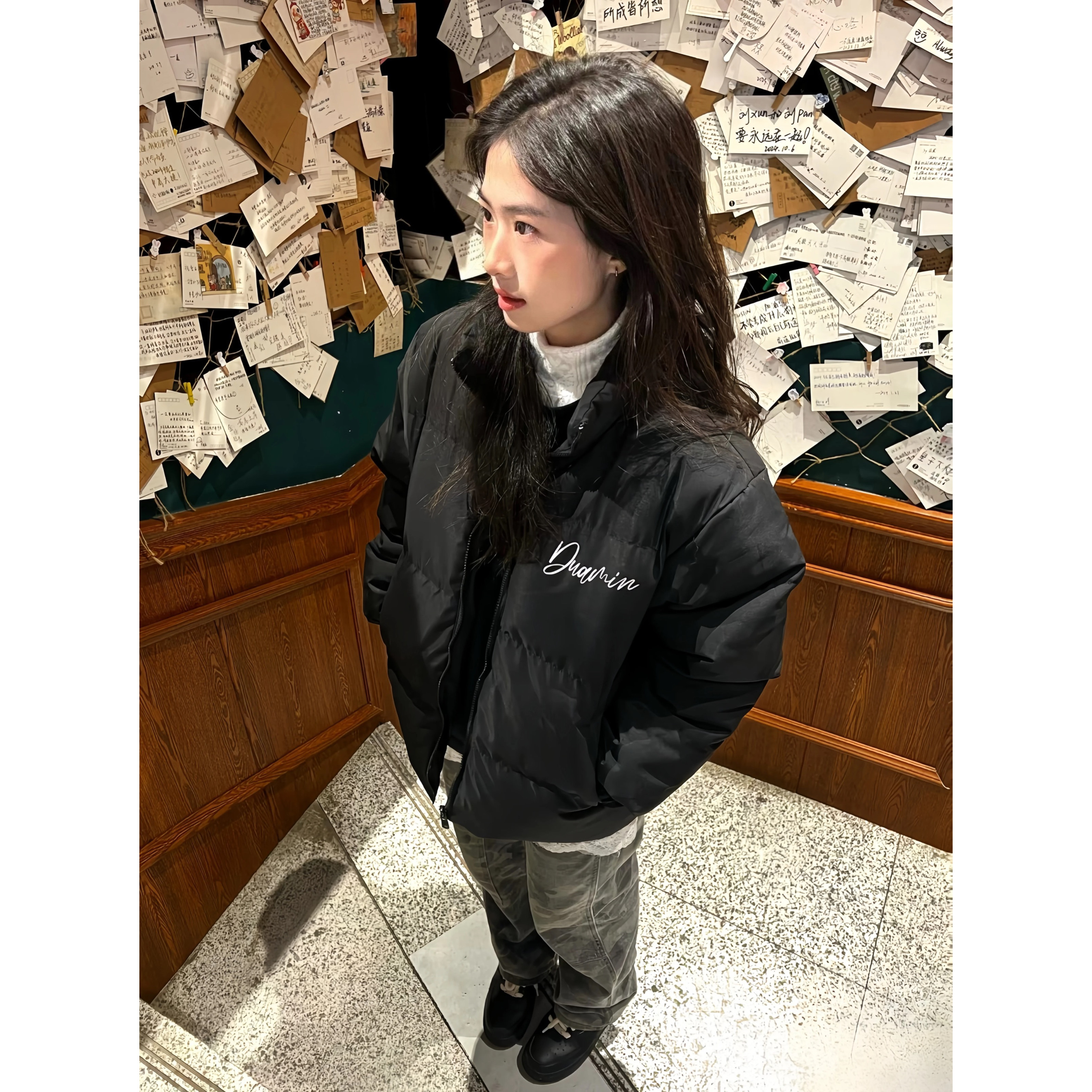 冬季黑色立领羽绒棉服女大童新款初中高中学生保暖宽松面包服外套