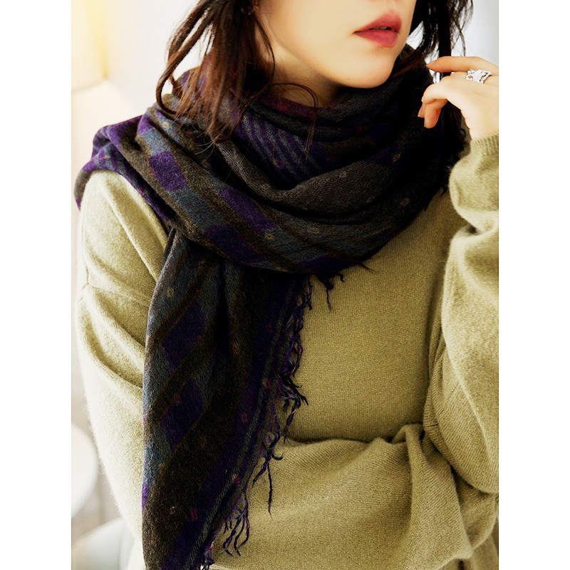新款薄款  自然风四面须棕紫色印花羊绒大方巾披肩 秋冬围巾女