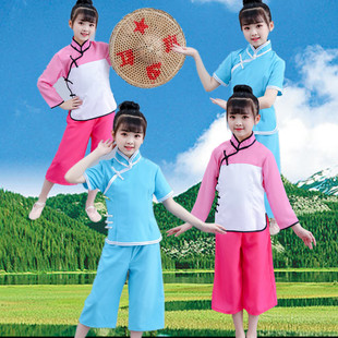 红色儿童娘子军舞蹈服蓝色荔枝服斗笠服万泉河水舞蹈服儿童秧歌服