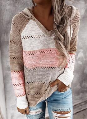 New Fall Winter Patchwork Hooded Sweaters for Women Long Sl