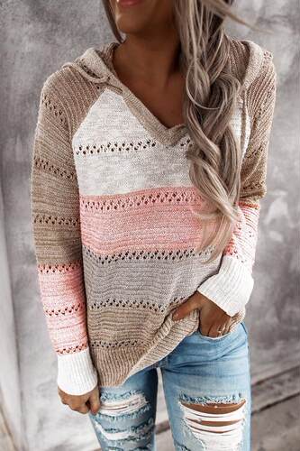New Fall Winter Patchwork Hooded Sweaters for Women Long Sl