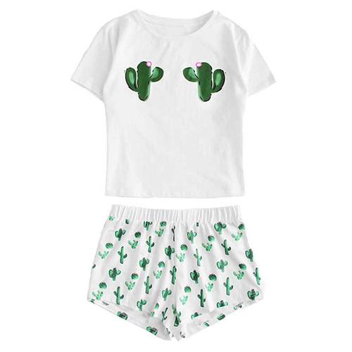 Women's Cactus Printed Pajamas Set Cotton Girls Casual Shor