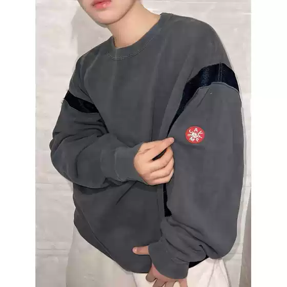 LIFE CAVEMPT Patchwork CE Pullover Loose Washed Grey Sweatshirt Fall Streetwear Couple Top Men Women