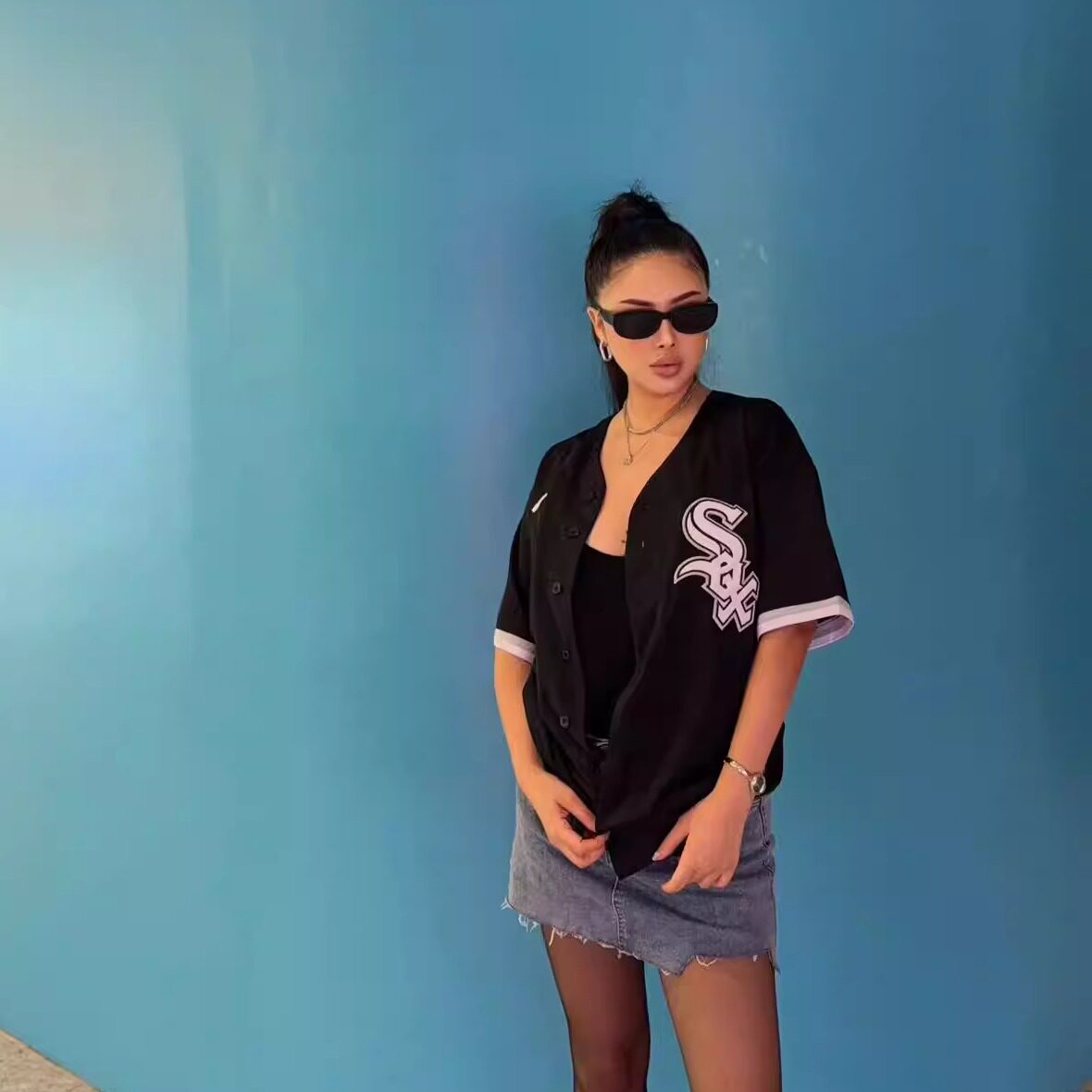 欧美式黑白字母运动简约白袜队街头宽松休闲短袖棒球服外套HIPHOP