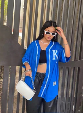 男女欧美宽松加大OVERSIZE街头嘻哈字母宝蓝色短袖CEC棒球服外套