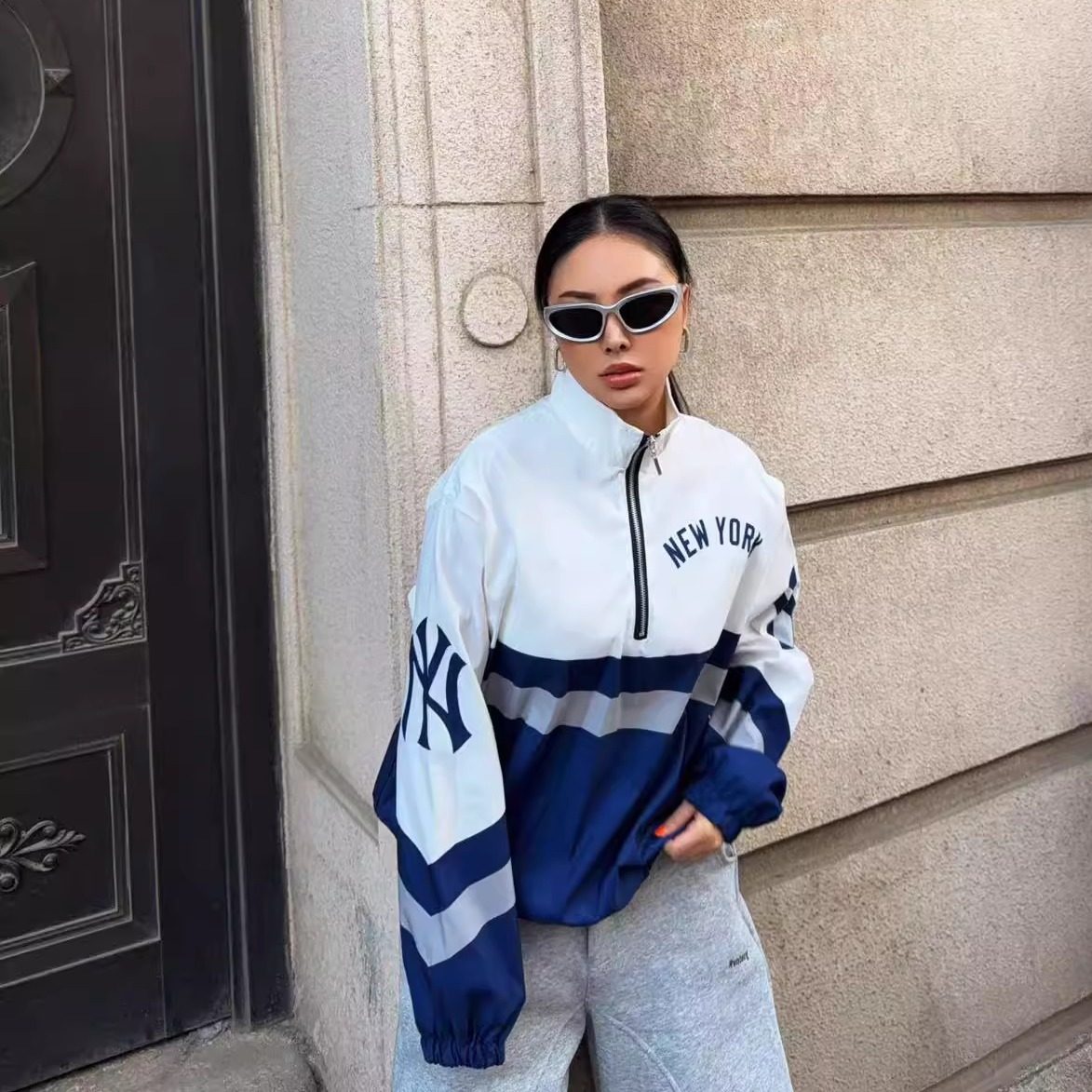 HIPHOP宽松欧美式嘻哈洋基队NY棒球拉链立领运动长袖上衣T恤卫衣
