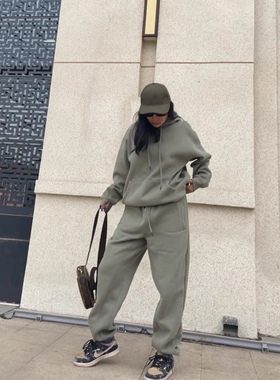 冬季加绒保暖复古欧美街头纯色灰绿色连帽卫衣帽衫卫裤套装男女