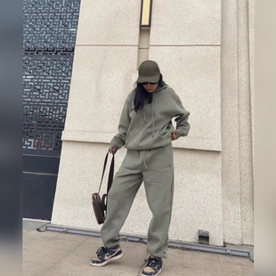 套装 卫裤 男女 加绒保暖复古欧美街头纯色灰绿色连帽卫衣帽衫 冬季