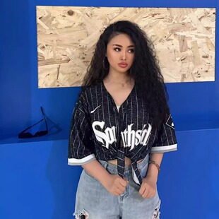 2025新款宽松欧美式街头HIPHOP黑白BF嘻哈条纹男女短袖棒球服外套