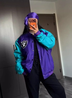 2025新款欧美式宽松撞色突袭者队RAIDERS加厚夹克棒球外套橄榄球