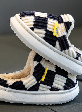 儿童棉拖鞋秋冬季保暖男童棋盘格家用室内亲子鞋女童包跟潮棉拖鞋