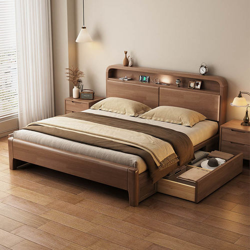 政府补贴实木1米8双人床1米2单人床1米5的床家用胡桃木抽屉储物床