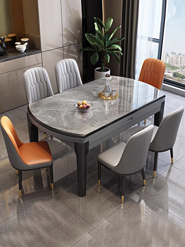 板岩餐桌和椅子组合家用实木现代简单轻豪华伸缩折叠小公寓可变圆