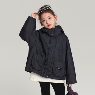 外贸童装冬装女童超酷风连帽棉服外套儿童菱格绗线大口袋棉袄