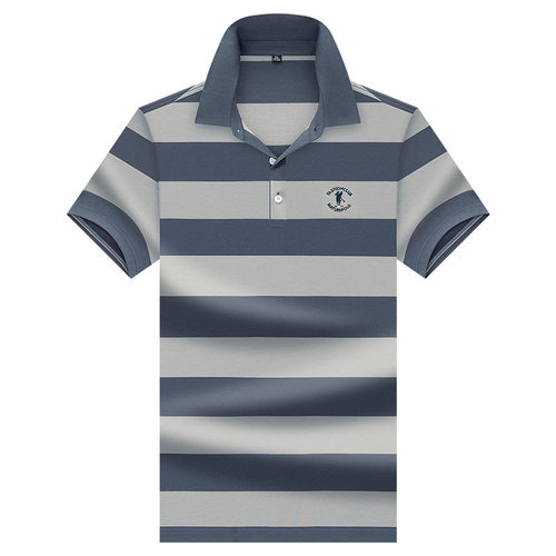 高档夏装中老年男士纯棉短袖t恤男条纹绣花polo衫夏季爸爸老人上