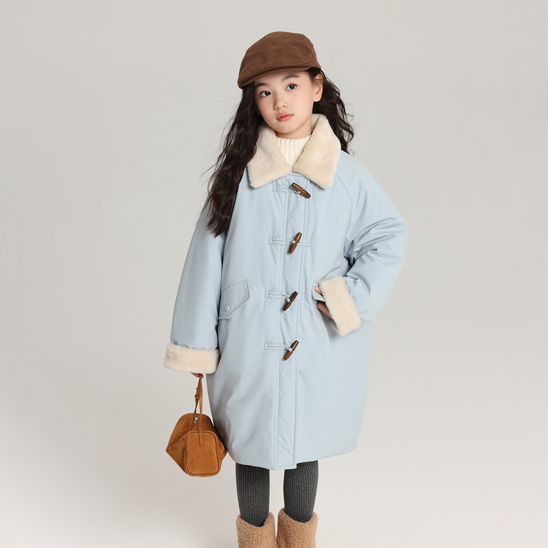 外贸童装冬装女童翻领长款棉服2025新款儿童防风保暖夹棉外套