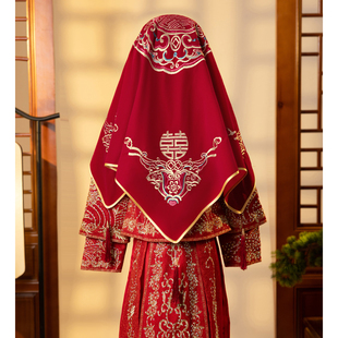 红盖头新娘秀禾服高级中式出嫁结婚汉服配饰缎面刺绣高档红色纱巾