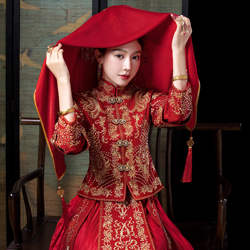 新娘结婚红盖头高档出嫁蒙头巾流苏刺绣大红色秀禾服喜帕中式婚礼