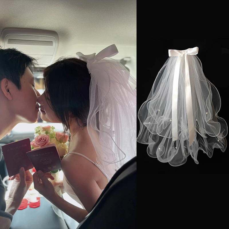 新娘白色头纱蝴蝶结头饰拍照道具短款求婚纱珍珠法式求婚领证登记