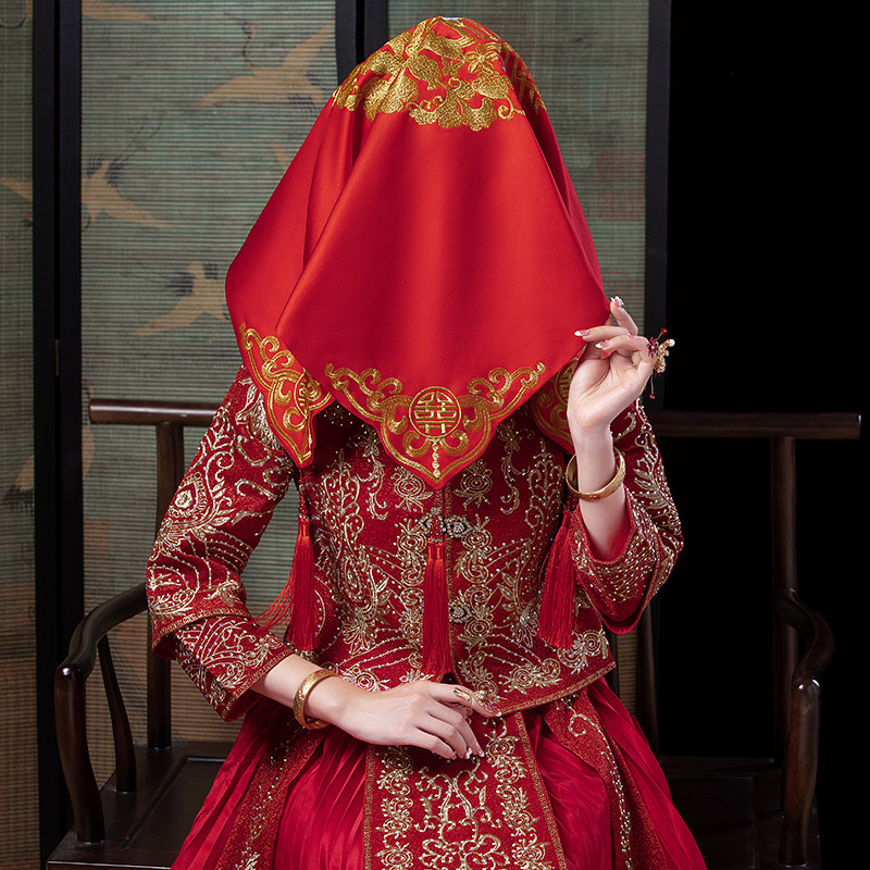 新娘结婚红盖头高档出嫁蒙头巾流苏刺绣大红色秀禾服喜帕中式婚礼