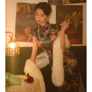 民国风毛披搭配外搭旗袍披肩复古皮草毛披肩军阀太太围脖拍照道具