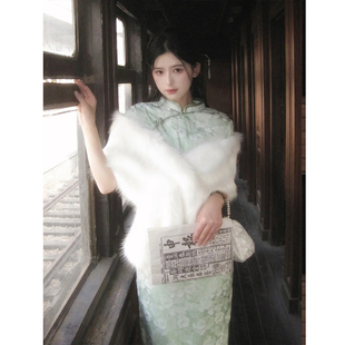 白色皮草毛绒毛披肩旗袍中式外搭民国风军阀太太围脖拍照道具高端