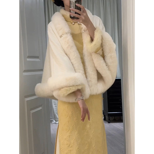 白色毛披肩旗袍外搭冬季结婚婚纱晚礼服外套皮草披风斗篷加绒加厚