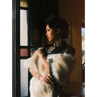 白色毛披肩旗袍女外搭皮草毛绒民国风上海滩军阀太太拍照道具高端