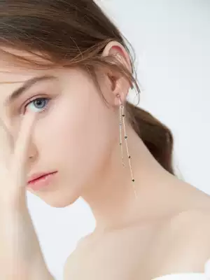 Advanced gray round face slim front and rear double-line gray diamond earrings long version tassel earrings ear clip no pierced ears female painless