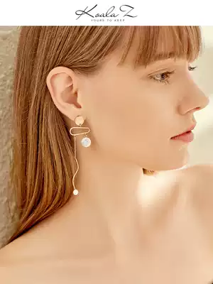 Original design cold wind personality natural baroque pearl metal tassel ear needle earrings without pierced ears clip female