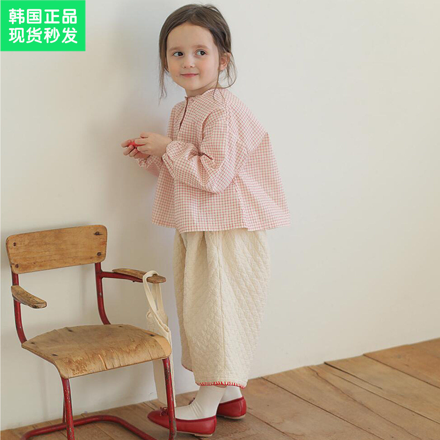 锦小和和bien韩国童装女童休闲裤子春秋2026款儿童格纹宽松休闲裤
