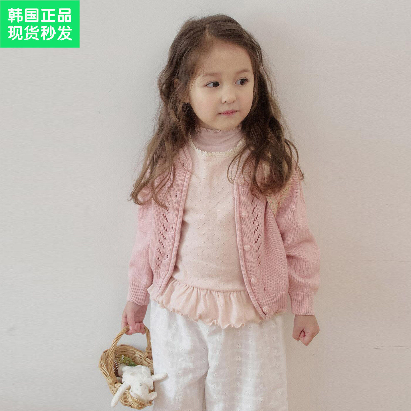 锦小和和 amber韩国童装女童开衫毛衣2026新款儿童棉线镂空针织衫