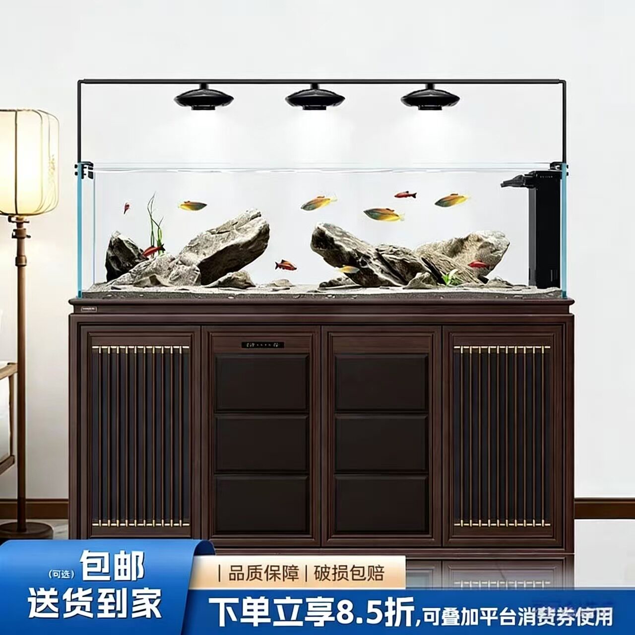 闽江原生态招财溪流缸造景鱼缸客厅新款超白玻璃新中式底滤水族箱
