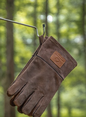 CAMPINGMOON柯曼户外焚火手套Q28 隔热牛皮防烫双层露营手套加厚