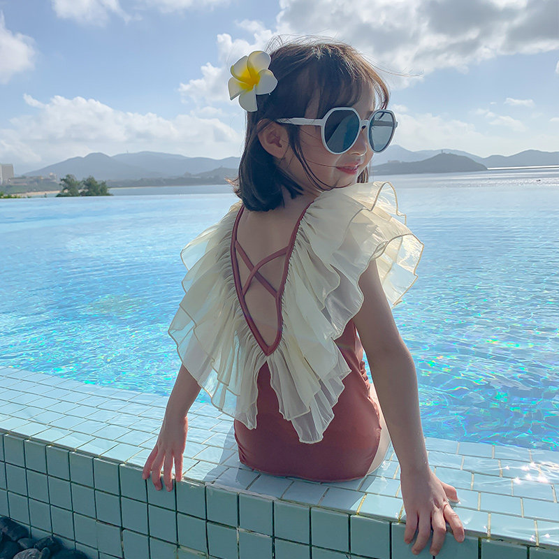 2026新款女童泳衣儿童洋气连体游泳衣女孩中大童时髦蕾丝公主泳装