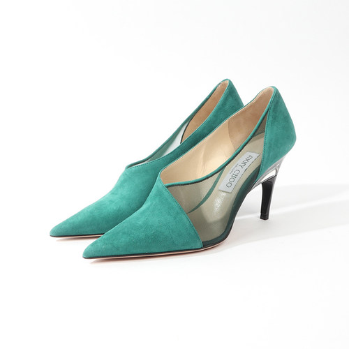 39码 JI0MMY CH0OO 优雅绿色尖头透明网纱女款高跟单鞋 830