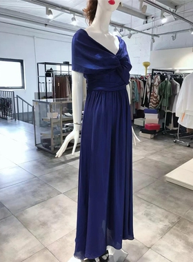 S-M穿 HANITA 优雅蓝色V领收腰女装连衣裙 810