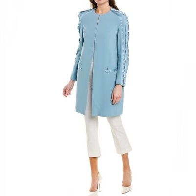 M-L穿 ELISABETTA FRANCHI 漂亮蓝色花边廓形大衣 938