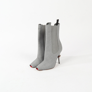 38码 BU 宝莉秀款气质灰细羊毛小鱼嘴细跟短靴 1750