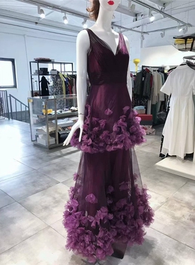 S-M穿 MARCHESA NOTTE 紫色立体花朵洋装连衣裙 1750