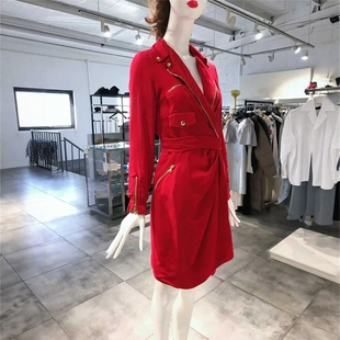 气质款 MO0SCHINO V领腰带长袖 收腰红色女装 1050 连衣裙 S穿