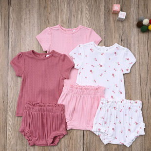 外贸欧美 女宝夏款纯棉短袖T恤上衣花苞短裤子可爱婴儿两件套装