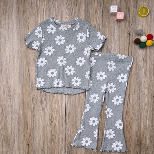 JS外贸欧美女宝夏款棉质短袖T恤上衣 女童喇叭裤休闲裤子两件套装