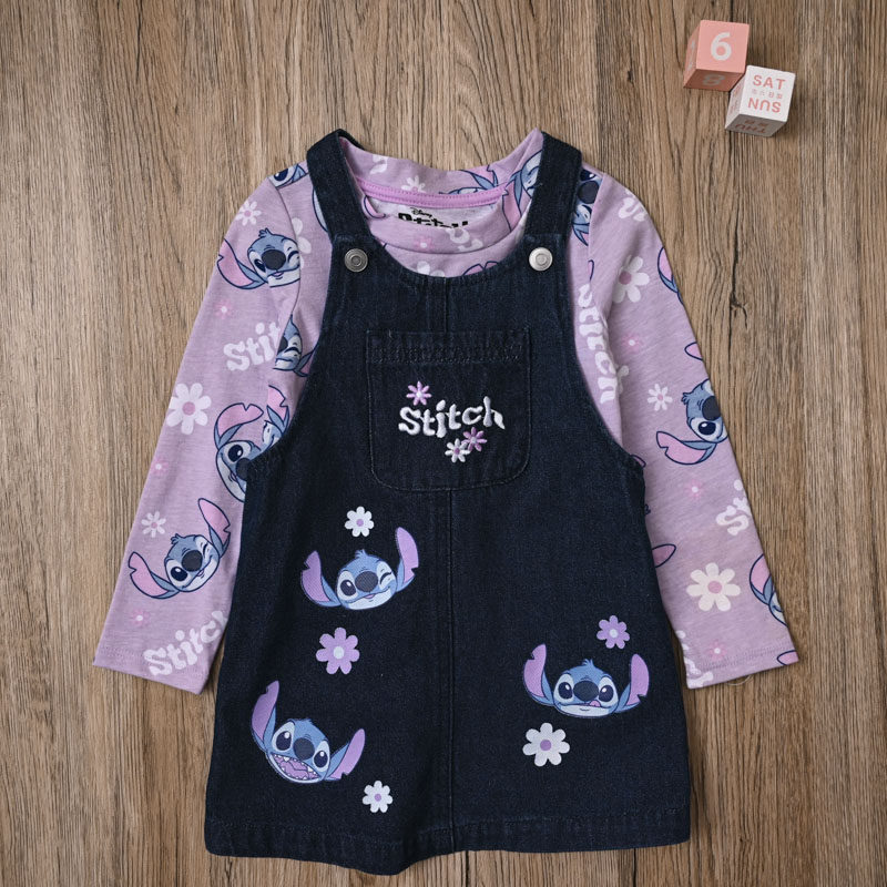 外贸欧美 女宝春秋牛仔裙背带裙子 女童棉质长袖T恤可爱两件套装