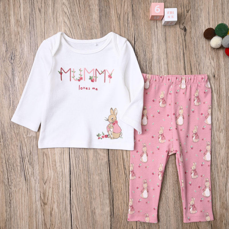 PT外贸欧美 女宝春秋螺纹棉上衣长袖T恤长裤子打底裤婴儿两件套装