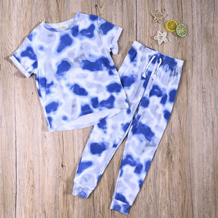 JS外贸欧美女童夏季毛圈圆领短袖上衣休闲裤长裤子中小童两件套装