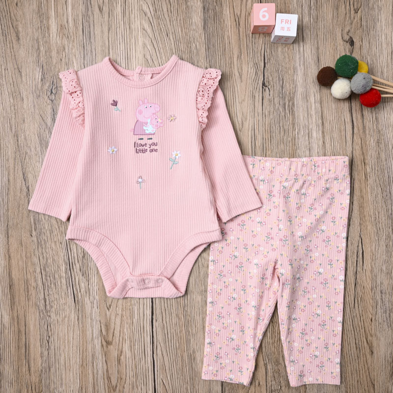 外贸欧美 女宝春秋螺纹棉长袖T恤上衣三角爬哈衣打底裤长裤子套装