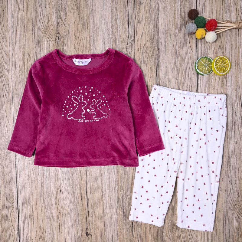 外贸欧美 女宝春秋上衣天鹅绒衫套头衫休闲长裤子家居服两件套装