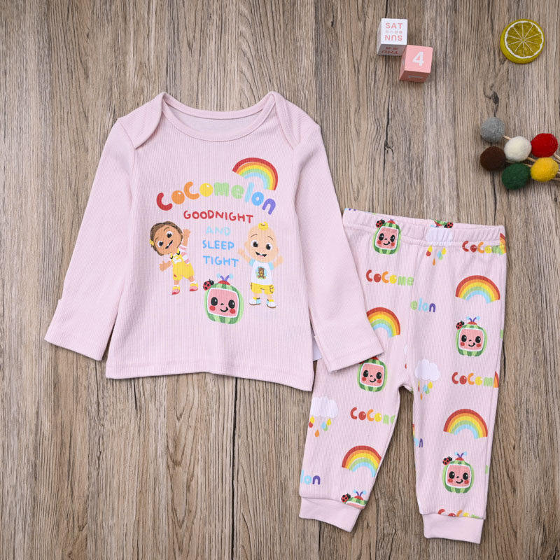 外贸欧美 女宝春秋螺纹棉上衣长袖T恤长裤子打底裤婴儿两件套装