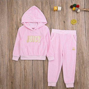 CJ外贸欧美女宝春秋天鹅绒衫连帽套头衫休闲裤长裤子女童两件套装